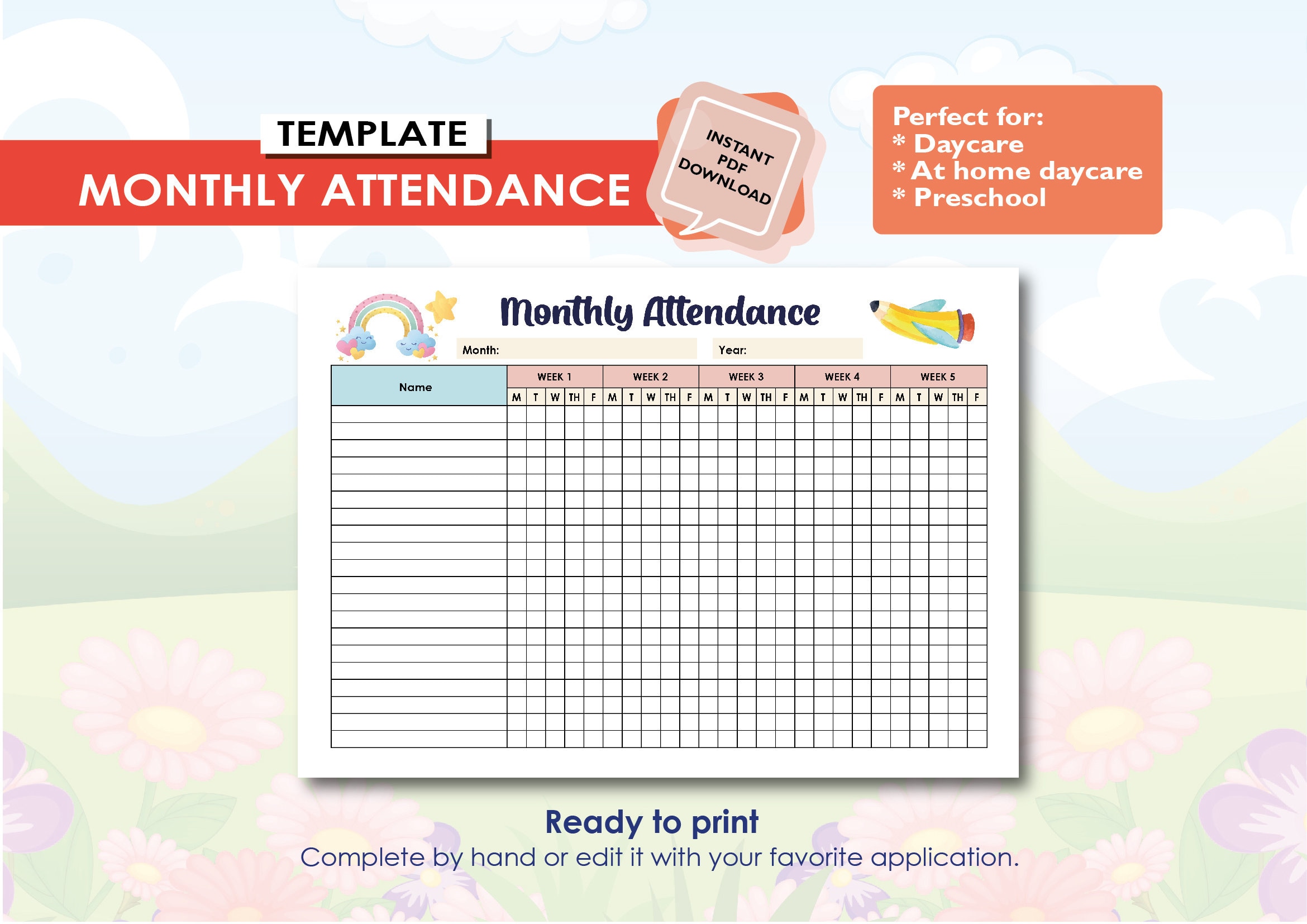 Monthly Attendance Sheet | Daycare Forms | PDF Fillable | Preschool ...
