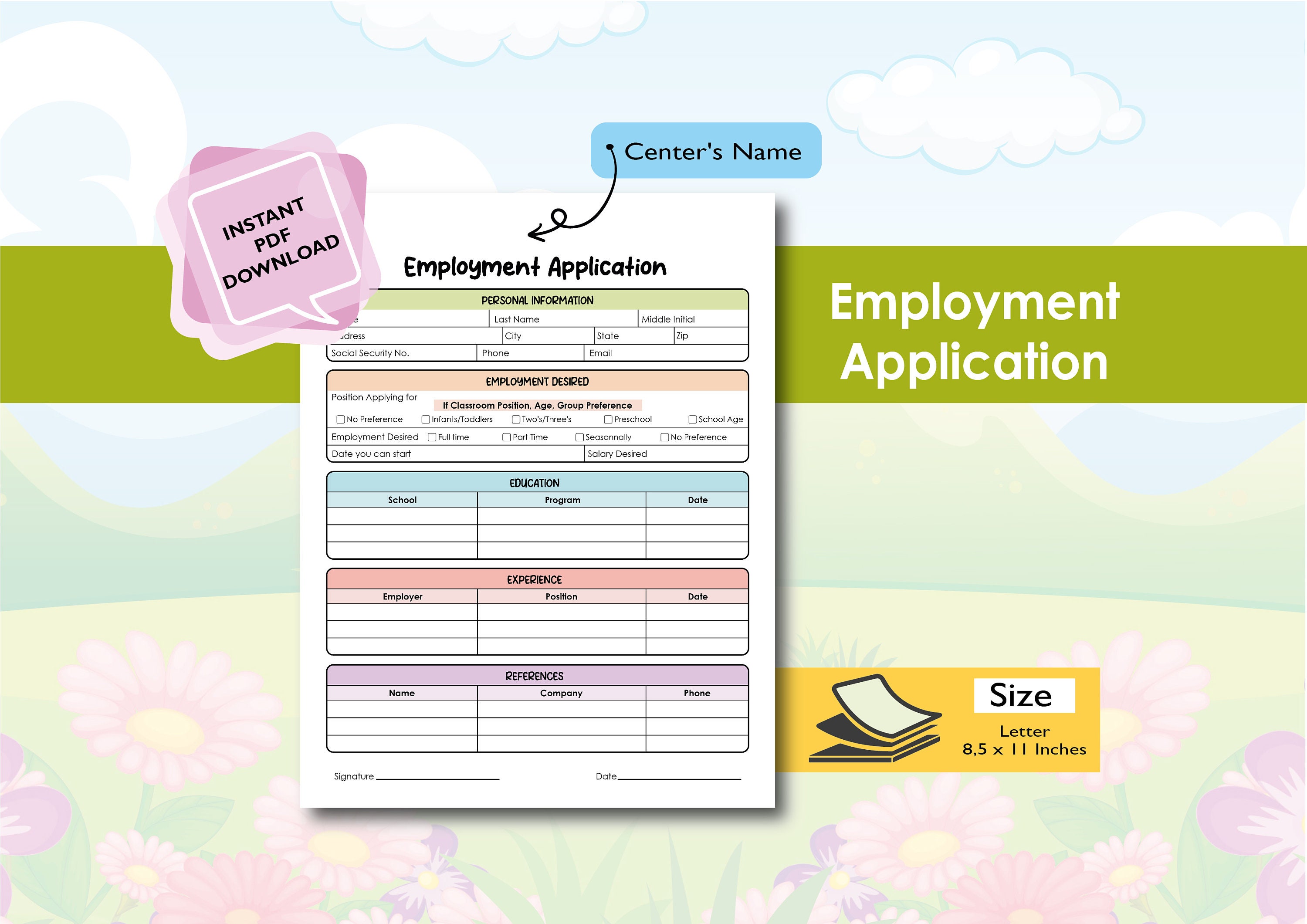 Employee Application for Daycare / Preschool / In Home Daycare / Childcare / PDF FORM