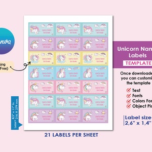 Unicorn Name Labels | Editable Unicorn School Labels for Girls | Personalized Stickers | Daycare labels