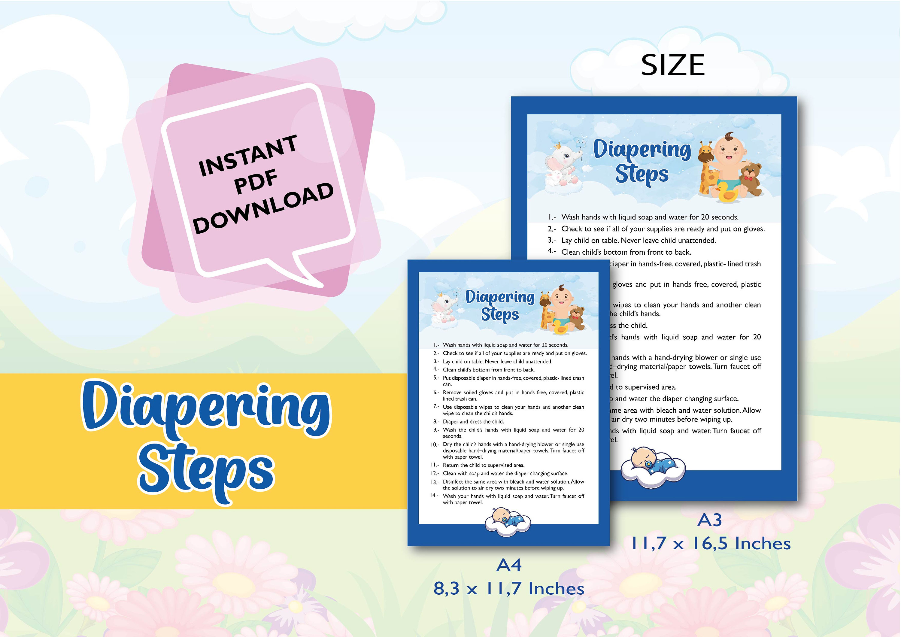 DAYCARE DIAPERING STEPS Poster/ Childcare Center Printable Diapering