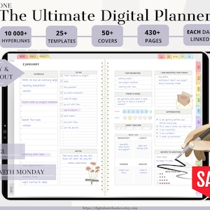 May include: A digital planner app on a tablet with a rainbow theme. The app has a monthly and daily layout, with sections for schedule, to do list, top priorities, gratitude, affirmations, habit tracker, meal planning, and notes. The app also includes 10,000 hyperlinks, 25 templates, 50 covers, and 430 pages. The text "SALE!" is in red.