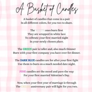 A Basket of Candles Poem; Wedding Shower Gift; Bridal Shower; Couple; Anniversary