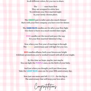 May include: A card with the title "A Basket of Candles" in cursive script. The text details a set of candles in different colours for various anniversaries and events, such as white, green, dark blue, pink, cream, red, purple, light blue, and silver.
