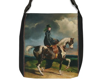 Women Riders Equestrian Tote Bag Vintage Painting Woman Ridding Sidesaddle on a Horse. Adjustable Strap Tote Bag with Zipper and pocket