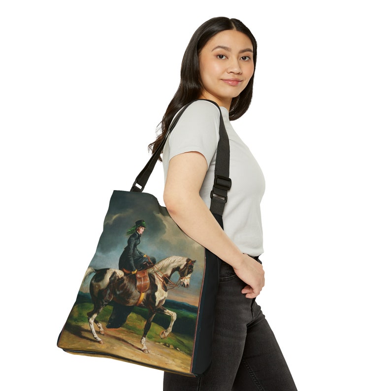 Bolso tote ecuestre de jinetes de mujeres Pintura vintage Mujer librando la silla de montar en un caballo. Bolso tote con correa ajustable con cremallera y bolsillo imagen 6