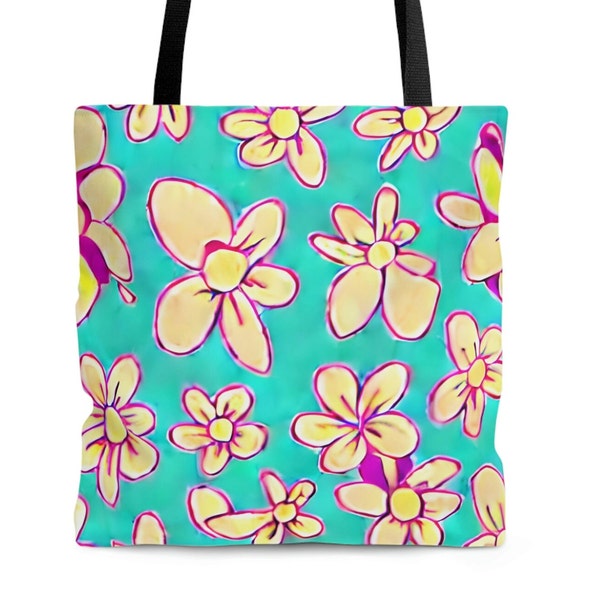 Sac fourre-tout Flower Power bleu sarcelle et violet AOP