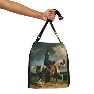 Bolso tote ecuestre de jinetes de mujeres Pintura vintage Mujer librando la silla de montar en un caballo. Bolso tote con correa ajustable con cremallera y bolsillo imagen 10