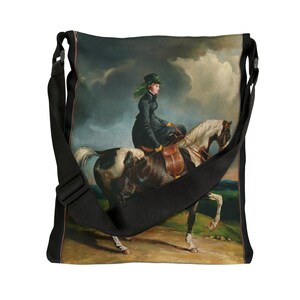 Bolso tote ecuestre de jinetes de mujeres Pintura vintage Mujer librando la silla de montar en un caballo. Bolso tote con correa ajustable con cremallera y bolsillo imagen 4