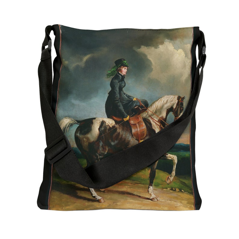 Bolso tote ecuestre de jinetes de mujeres Pintura vintage Mujer librando la silla de montar en un caballo. Bolso tote con correa ajustable con cremallera y bolsillo imagen 4