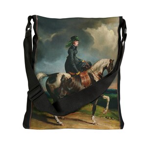Bolso tote ecuestre de jinetes de mujeres Pintura vintage Mujer librando la silla de montar en un caballo. Bolso tote con correa ajustable con cremallera y bolsillo imagen 9