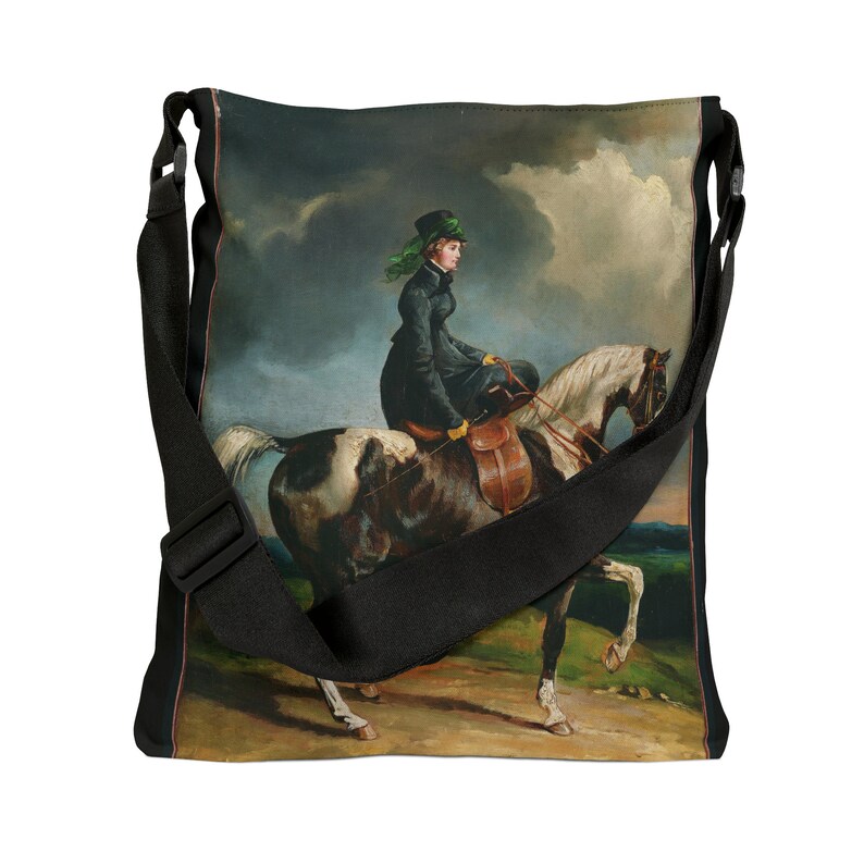 Bolso tote ecuestre de jinetes de mujeres Pintura vintage Mujer librando la silla de montar en un caballo. Bolso tote con correa ajustable con cremallera y bolsillo imagen 9