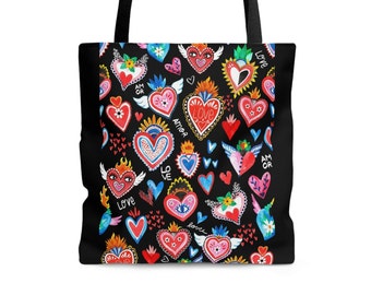 Mexican Folk Art, Valentine Hearts,Tote Bag All Purpose Tote, Reusable Grocery Bag, Beach Bag, Great Teacher or Mom Gift in Black or Red