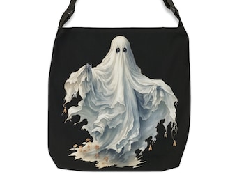 Halloween Ghost Tote Adjustable Strap Tote with Zipper Pocket  with not so Scary Ghost, Unisex Carryall Tote Bag Black, Grey or Green