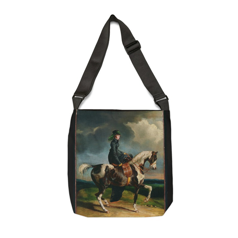 Bolso tote ecuestre de jinetes de mujeres Pintura vintage Mujer librando la silla de montar en un caballo. Bolso tote con correa ajustable con cremallera y bolsillo imagen 2