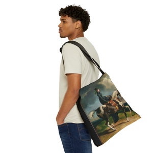Bolso tote ecuestre de jinetes de mujeres Pintura vintage Mujer librando la silla de montar en un caballo. Bolso tote con correa ajustable con cremallera y bolsillo imagen 7