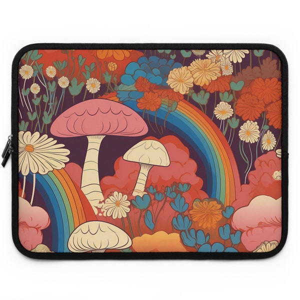 Retro Mushrooms 70's Laptop Sleeve Mushroom core and Rainbows  comes in 3 sizes 13", 15" and 17"