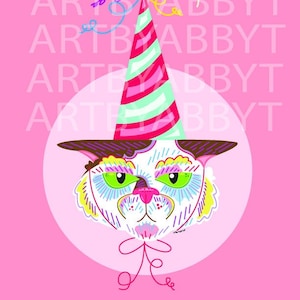 Party Cat Digital Illustration Download, Wall Art, Printable