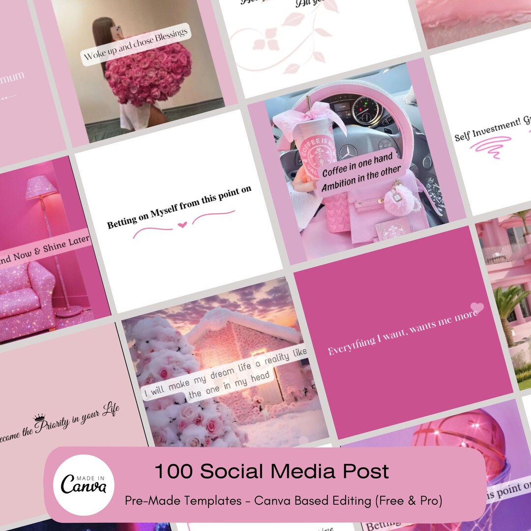 100 Instagram Templates: Pink Social Media Content Posts (canva Edit ...