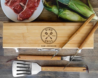 Barbecue Grill Tools w/ Engraved Case (Newest Designs) - Personalized Grilling Gift for BBQ Master - Birthday Gift for Dad, Husband, Grandpa