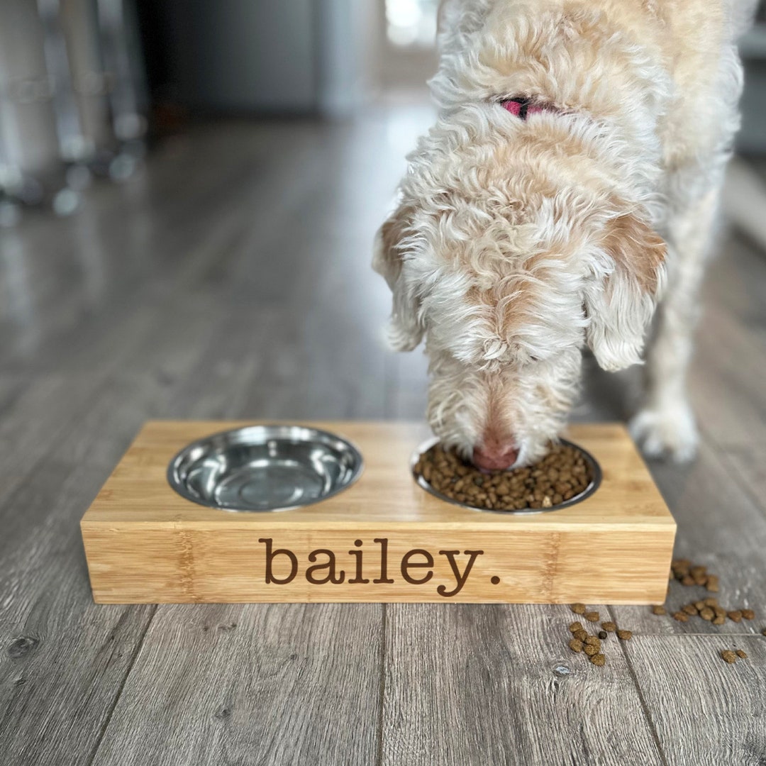 Personalized Wooden Pet Feeding Stand With 2 Bowls Rustic Dog Feeder