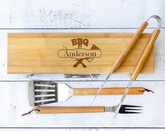 Barbecue Grill Tools with Engraved Case - Unique Grilling Gift - Personalized Father's Day Gift for Dad, Husband, Grandpa - Groomsmen Gifts