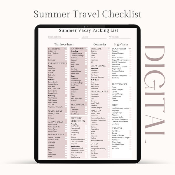 The Ultimate SUMMER VACATION CHECKLIST | Digital Travel Planner, Travel Packing List, Travel Checklist, Overseas Travel To-Do List