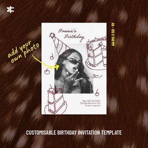 May include: A rectangular birthday invitation template measuring 105 x 148 mm. It features a central black and white photo, maroon line-art drawings of a party hat, cake, and cherries, and text reading Bonnie's Birthday, 30!, and event details.