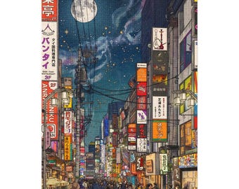 Midnight in Tokyo Puzzle | 500 oder 1000 Stück | Japanische Neonstraße mit Sternenhimmel | Anime & Lofi Ästhetisches Stadtbild