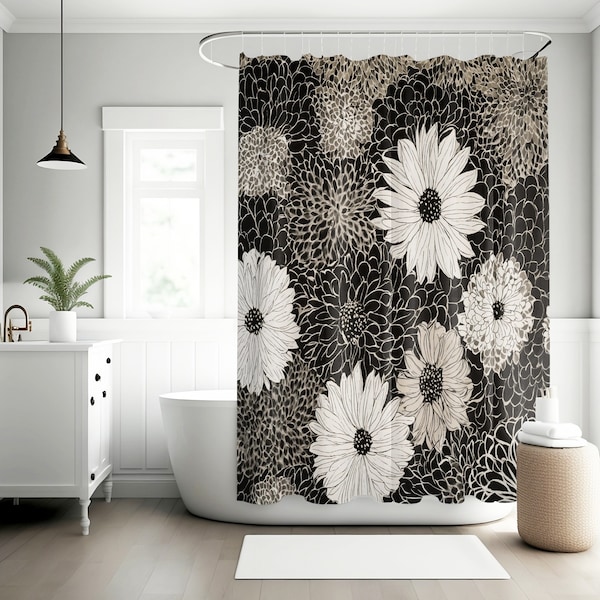 Black and White Retro Monochrome Shower Curtain - Retro Botanical Pattern, Unique Floral Bathroom Art, Great Housewarming Gift