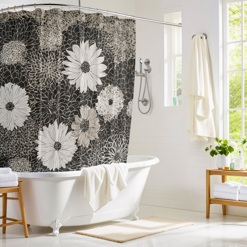 Black and White Retro Monochrome Shower Curtain Retro Botanical Pattern