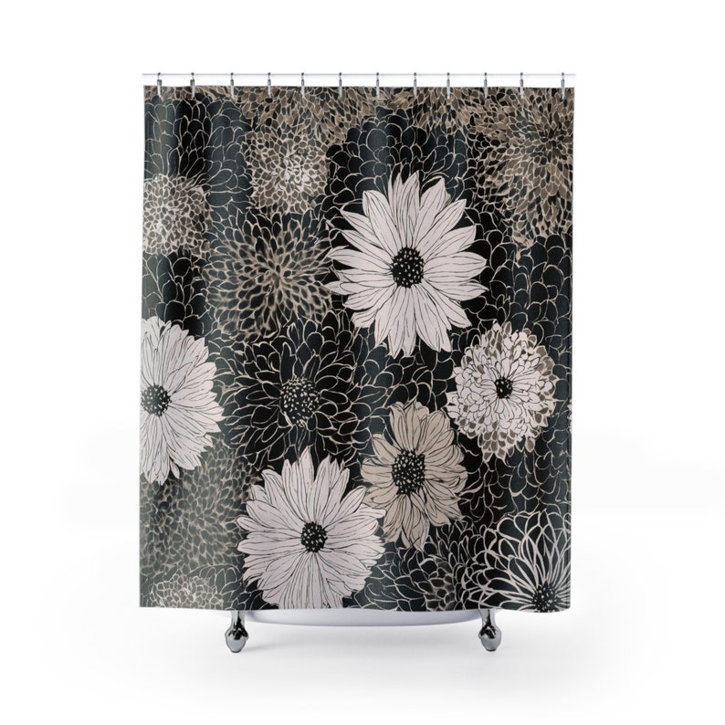 Black and White Retro Monochrome Shower Curtain Retro Botanical Pattern