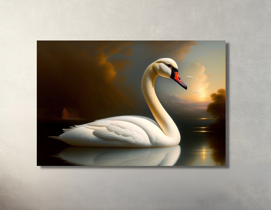 Swan on a Lake Painting, Swan Art Print on Canvas, Muted Landscape Wall Art, Swan Farm House