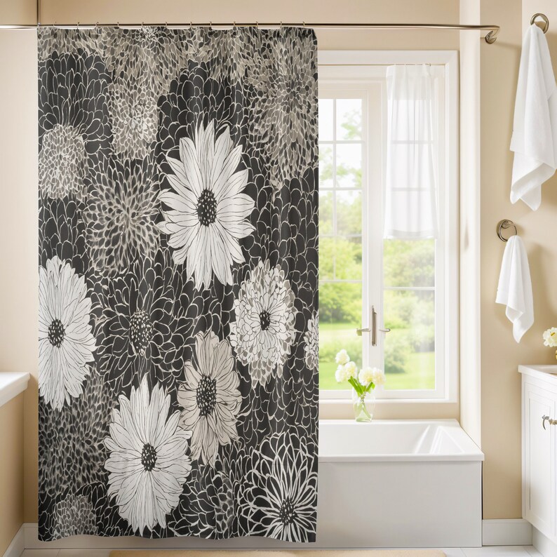 Black and White Retro Monochrome Shower Curtain Retro Botanical Pattern