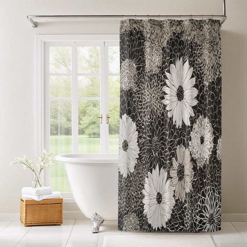 Black and White Retro Monochrome Shower Curtain Retro Botanical Pattern