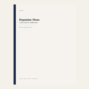 Op de afbeelding: Een wit document getiteld Dopamine Menu: A short toolkit for ADHD adults, met een donkerblauwe verticale streep aan de linkerkant. De tekst bevat SABIOSSA, Pick, Do, Return to the task en 12 pages, undated, US Letter, print or tablet.