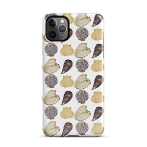 May include: A white iPhone case with a repeating pattern of various seashells in shades of brown, beige, and gray.
