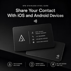 May include: Black NFC stainless steel card with contact information, including a phone number and email address. The card features the text "Share Your Contact With iOS and Android Devices." The card has a minimalist design with the text "Tap to Share Anything."