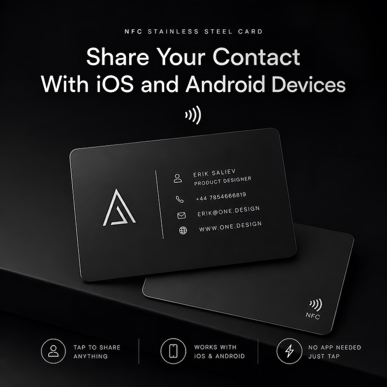 May include: Black NFC stainless steel card with contact information, including a phone number and email address. The card features the text "Share Your Contact With iOS and Android Devices." The card has a minimalist design with the text "Tap to Share Anything."
