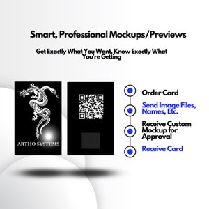 May include: A graphic with the text "Smart, Professional Mockups/Previews" and "Get Exactly What You Want, Know Exactly What You're Getting." It shows a black card with a white dragon design and a QR code. The steps to order a card are listed.