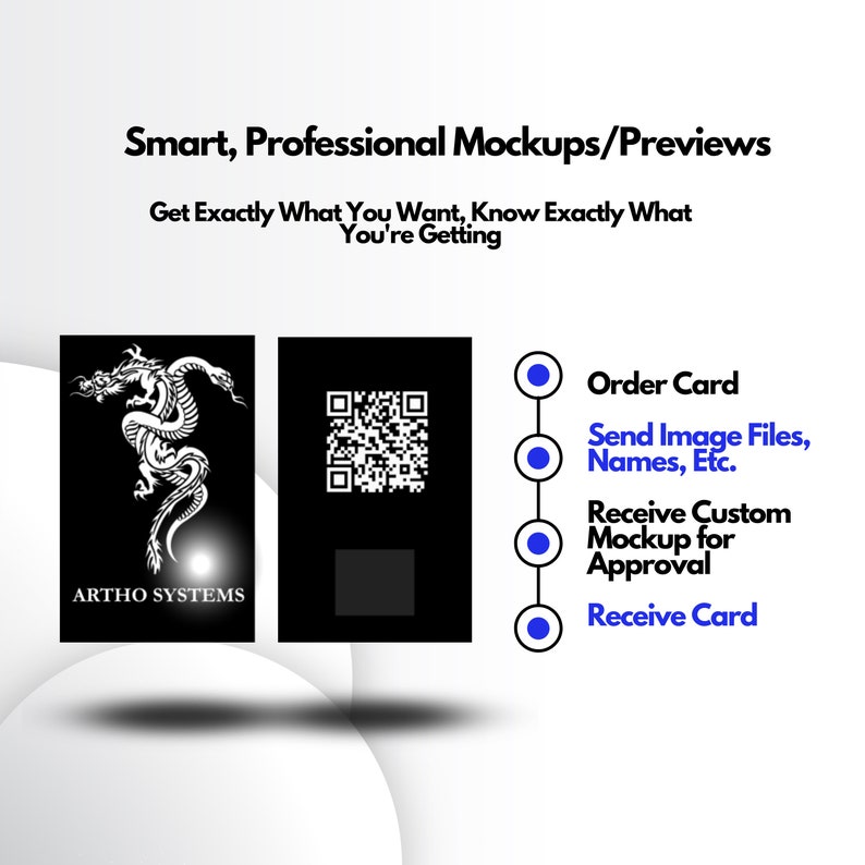 May include: A graphic with the text "Smart, Professional Mockups/Previews" and "Get Exactly What You Want, Know Exactly What You're Getting." It shows a black card with a white dragon design and a QR code. The steps to order a card are listed.