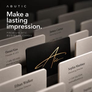 May include: A collection of rectangular business cards arranged in rows. One black card features a gold script logo, while the surrounding light gray cards display names, titles, and contact information. Text reads: ABUTIC Make a lasting impression. PREMIUM NFC BUSINESS CARDS.