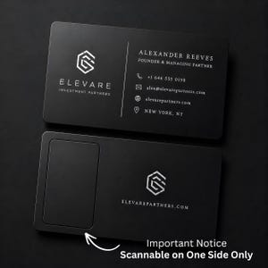 May include: Two black business cards with white text. The top card displays contact information for Alexander Reeves, including a phone number and email. The bottom card has a scannable area and the text "Important Notice Scannable on One Side Only."