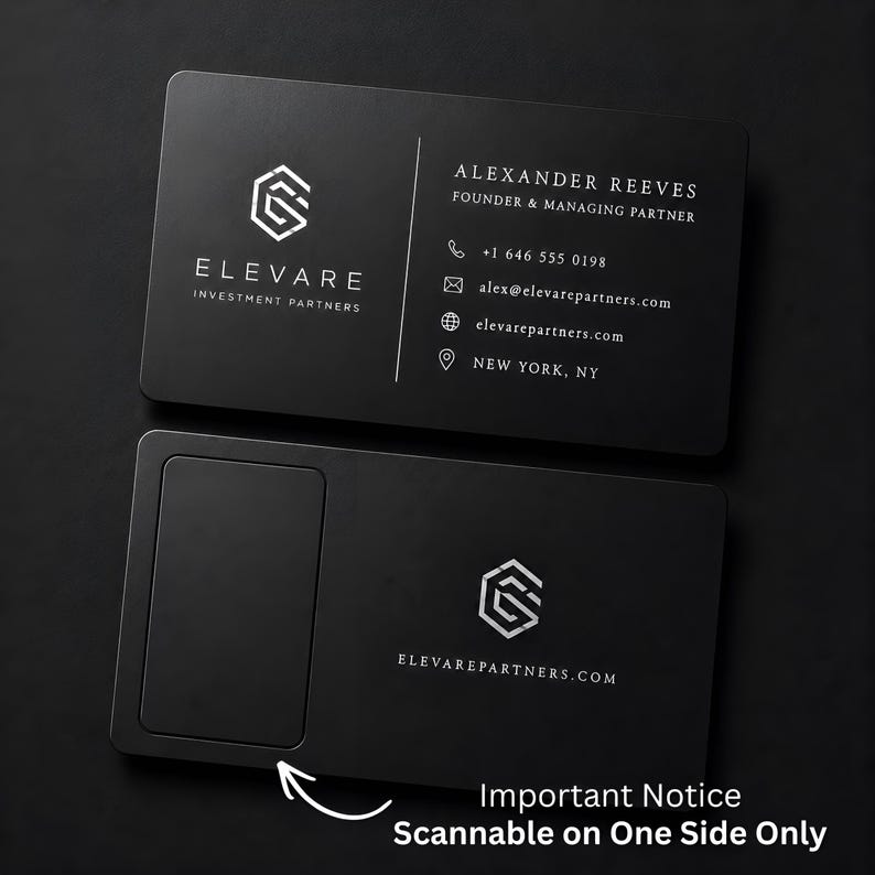 May include: Two black business cards with white text. The top card displays contact information for Alexander Reeves, including a phone number and email. The bottom card has a scannable area and the text "Important Notice Scannable on One Side Only."
