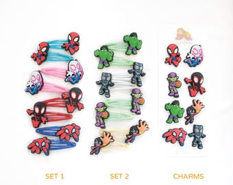 Superhero Hair Bows, Gwen Hair Clips, Peter Hair Clips, Girl Hair Clips, Toddler Snap Clips,  Birthday gifts, Party Bags, Ghost Spider