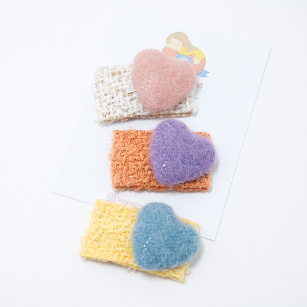 Set of 3 Adorable Felt Heart Snap Clips, Tiny Wool Felt Hair Clips, Colorful Hair Clips, Baby Toddler Infant Hair Clips, Christmas Gifts