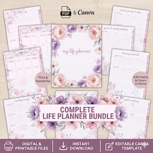 May include: A digital life planner bundle featuring multiple printable pages with floral borders in shades of pink and purple. The central page displays the text "my life planner" surrounded by peonies and roses, with additional sheets for schedules, budgets, and goals.