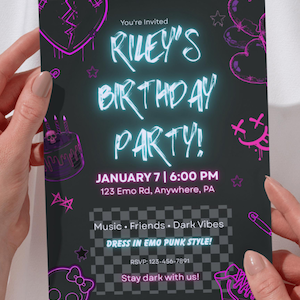 May include: Black invitation card with neon blue text that reads "Riley's Birthday Party!" and event details. The card has pink graphic accents, including a broken heart, stars, and a skull. The theme is emo punk style.