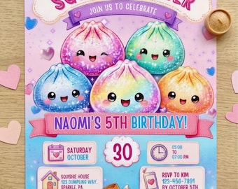 Invito di compleanno a tema raviolo morbido modificabile, invito a tema giocattolo antistress carino e luminoso, modello digitale stampabile 5x7, Squish On Over