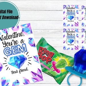 Printable Ring Pop Kid&#39;s Valentine , You&#39;re a gem, Colorful printable tag, school Valentine’s party favor, Preschool treat, lollipop treat