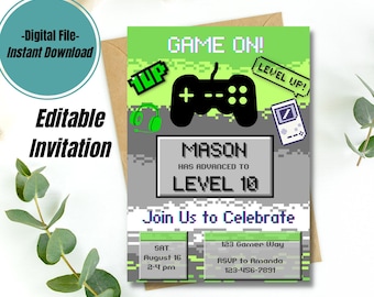 Editable Gamer Birthday Invitation, Level Up Party (Digital Download)